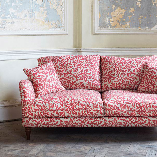 Pugin 2 Seater Sofa in V&A Brompton Collection Floral Scroll Chilli